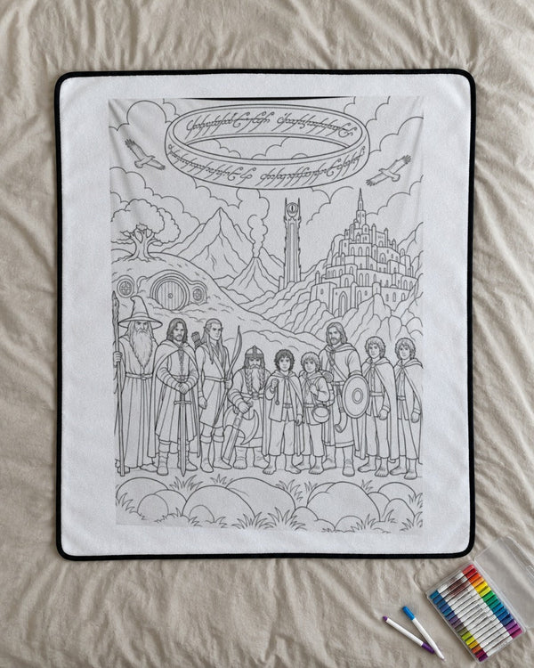 Quest Quilt coloring blanket on a bed