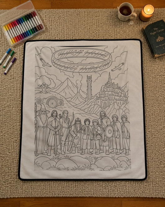 Quest Quilt fantasy coloring blanket laid out with fabric markers
